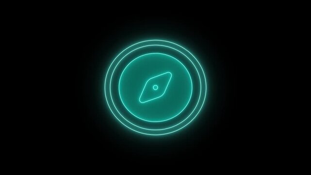 Neon glowing compass icon with spinning needle rotates on black background symbolizing navigation and digital technology.