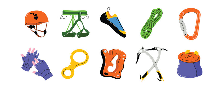 Flat vector illustration set of rock climbing gear and mountaineering safety equipment isolated. vector illustration of mountaineering and rock climbing gear set