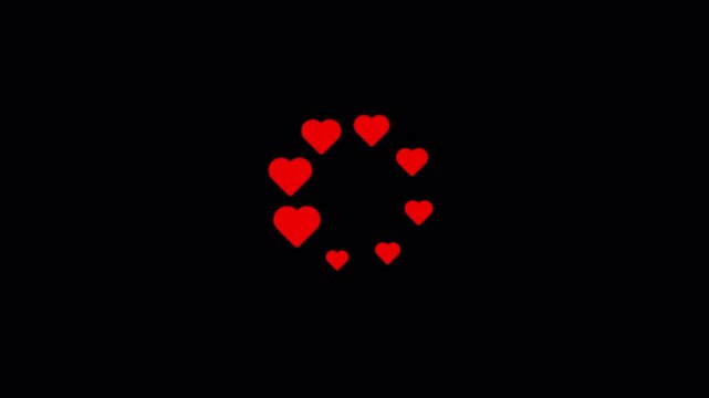 8 Vivid Red Hearts Rotating Circular Orbit Ring Carousel Motion Graphics 6 Seconds Loop on Alpha Channel 4K