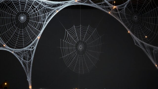 Elegant spiderwebs glow softly against dark backdrop, illuminated by warm fairy lights.