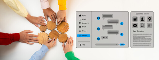 Obraz premium A diverse group of hands working together around gears and a digital interface, symbolizing teamwork, effective communication, and customer service improvement strategies. Cyphers