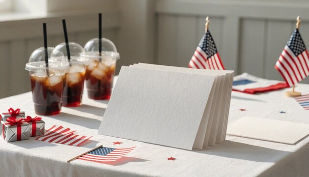 Blank white cards on a festive table with drinks with iced beverages