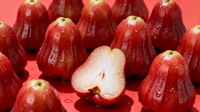 Fresh Glossy Red Wax Apples with Cut Half Revealing Crisp White Flesh in Foreground