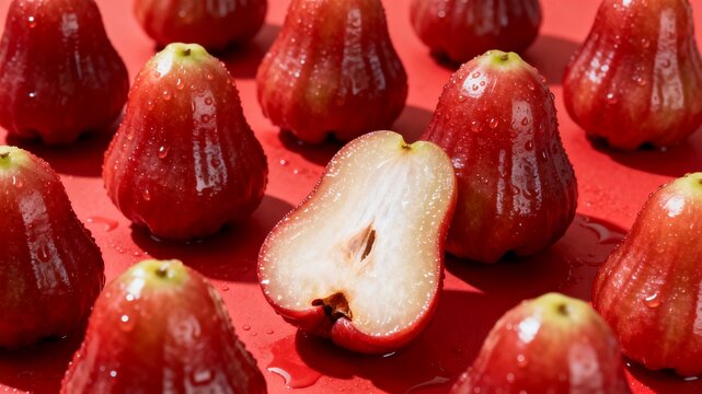 Glossy Red Wax Apples with Halved Fruit Showing White Interior on Bright Red Surface