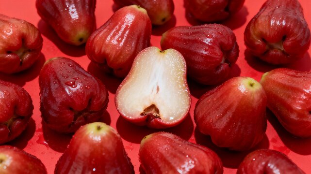 Fresh Red Wax Apples with Sliced Half Displaying Crisp White Flesh in Colorful Arrangement