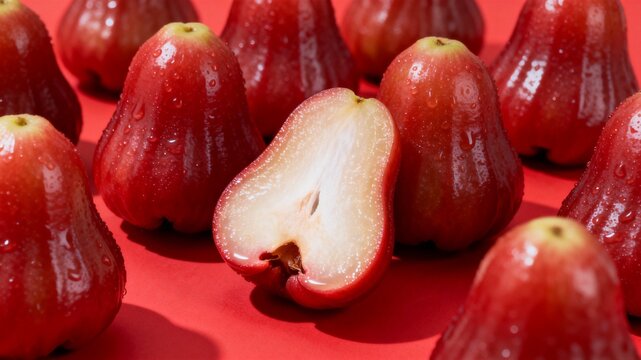 Fresh Red Wax Apples with Halved Fruit Showing White Flesh on Vibrant Red Background