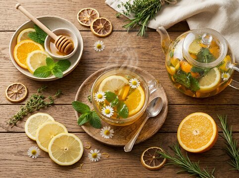 Fresh Herbal Citrus Tea Infusion With Honey And Chamomile Flowers On A Rustic Wooden Tabletop View