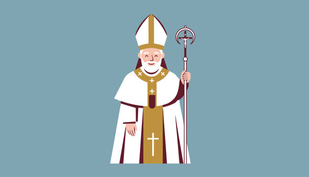 Catholic pope or bishop in ceremonial white and gold vestments holding a classic metallic pastoral staff.