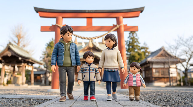 新年に大きな鳥居の前を仲良く歩いて初詣をする4人家族の3Dイラスト
