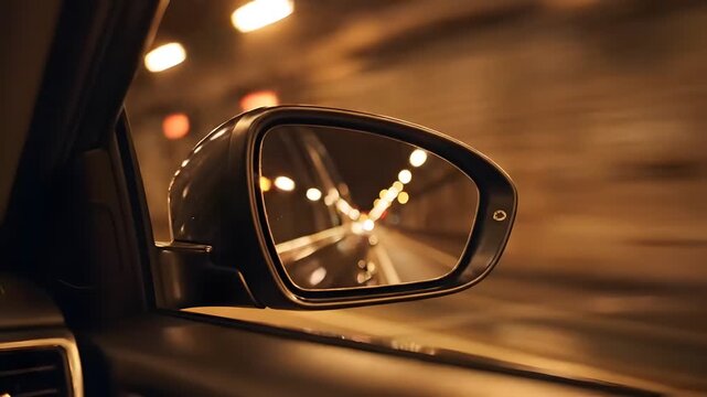 Side Mirror Reflecting Warm Lights While Driving Through Tunnel