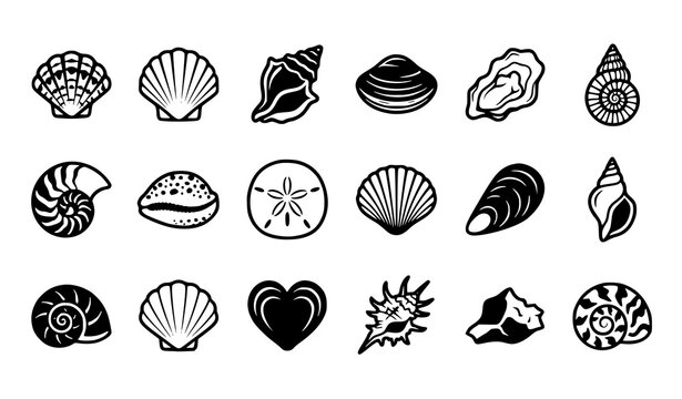 Bold Ocean Shell Black Vector Icon Set, Beach Sea and Coastal Branding Collection