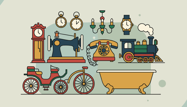 Collection of vintage antique domestic items including grandfather clock, sewing machine, rotary phone, and bath.
