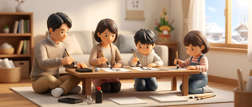 新年のリビングで家族揃って書き初めをする4人家族の3Dイラスト
