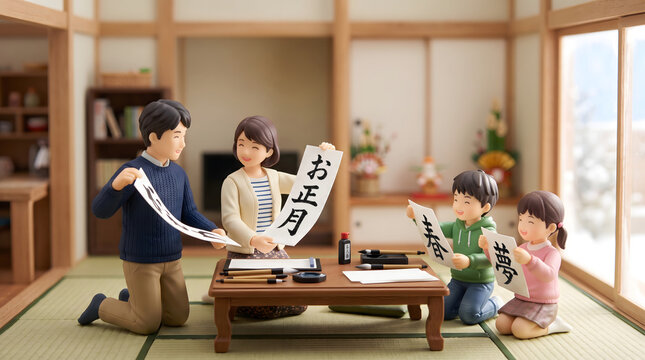 和室で書き初めの作品を見せ合って楽しむ4人家族の3Dイラスト
