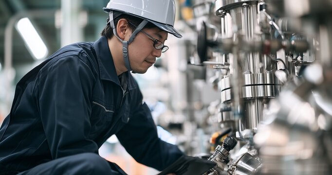 生産現場で機械の状態を細かくチェックする若手日本人男性技術者のイメージ