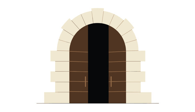 Old arched double wooden door is slightly open, revealing a dark mystery inside a solid cream stone wall architecture.