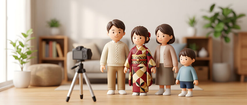 リビングで振袖を着た娘の成人を祝う4人家族の記念写真の3Dイラスト

