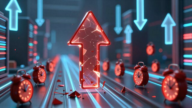 Glowing red arrow shatters amidst clocks, symbolizing disruptive progress in a tech-lit future.