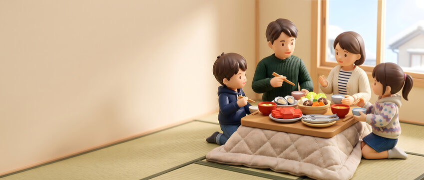 冬の和室でこたつに入り家族でご馳走を囲む3Dイラスト
