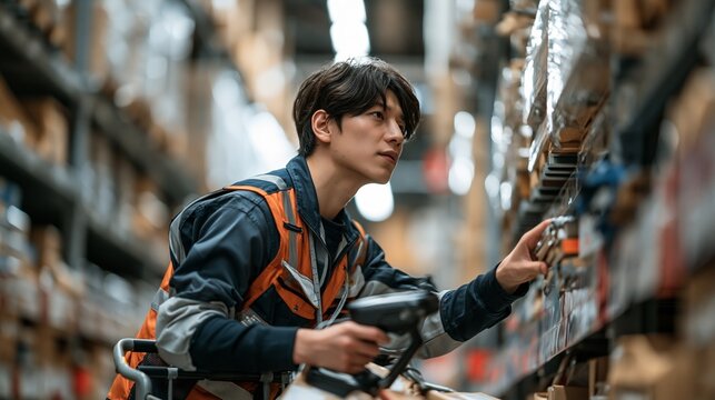 倉庫内の商品棚でバーコードを読み取り在庫管理を行う日本人男性作業員