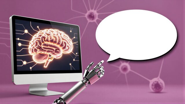 Robot hand gestures toward brain on screen, symbolizing AI understanding human thought.