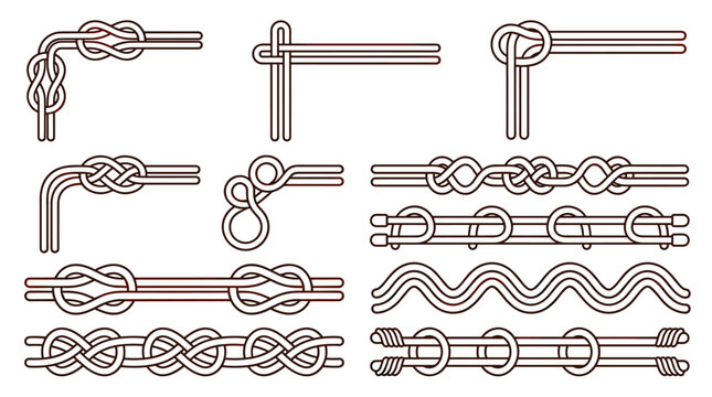 Set of decorative rope border and corner elements with intricate knots, nautical styling, vintage cordage design, framing components for invitations