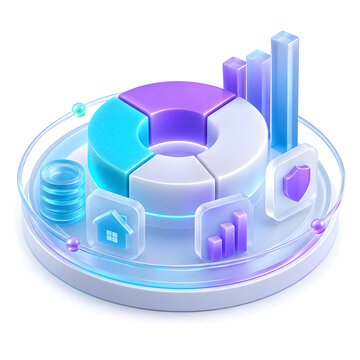 3D isometric business data analytics dashboard featuring glassmorphism pie charts, bar graphs, and UI concept icons on a white background.