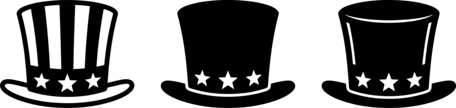 Uncle Sam Hats Set, Black and white vector collection of patriotic top hats with stripes and stars for national holidays
