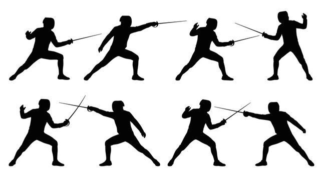 Set of black silhouettes of fencing athletes in dynamic poses during a duel, combat sport match, sword fighting, olympic activity and competition