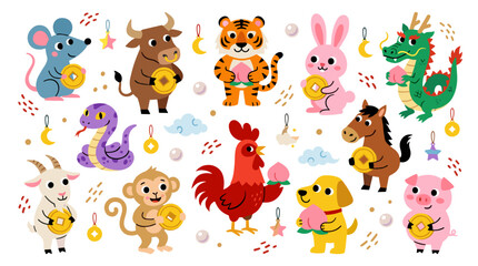 Obraz premium Set of twelve chinese zodiac animals holding traditional coins and peaches, festive lunar new year celebration elements, auspicious luck symbols