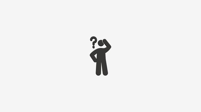 Confused person icon pondering with question mark above head, thinking motion graphic on plain background.