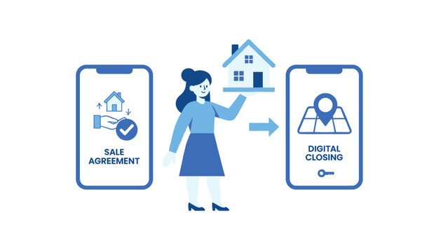 Real estate digital closing process shown with a sale agreement mobile app and a virtual house keys transfer.