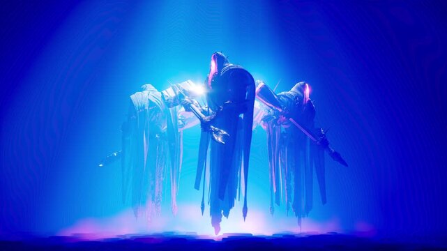 Dark Electric Blue Motion Background of Mystical Floating Executioner