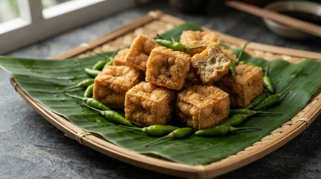 Crispy golden fried tofu cubes arranged neatly on a green banana leaf, symbolizing authentic traditional Asian culinary heritage