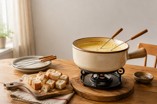 Ceramic cheese fondue pot on wooden trivet with bread cubes, cheese fondue dinner concept