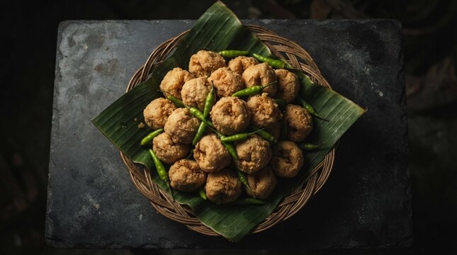 Crispy spicy fried tofu rests on a green banana leaf in a bamboo tray, symbolizing authentic Asian street food heritage