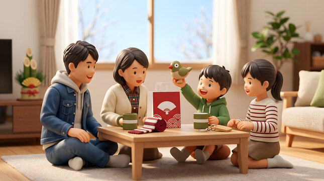 リビングのテーブルで福袋の中身を見て喜ぶ4人家族の3Dイラスト

