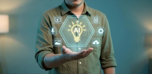 Fototapeta premium Man holding glowing lightbulb AI concept hologram on palm with lightbulb hologram artificial intelligence innovation