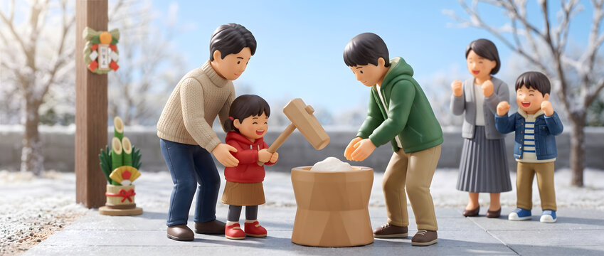 雪の降る屋外で楽しく餅つきをする家族の3Dイラスト
