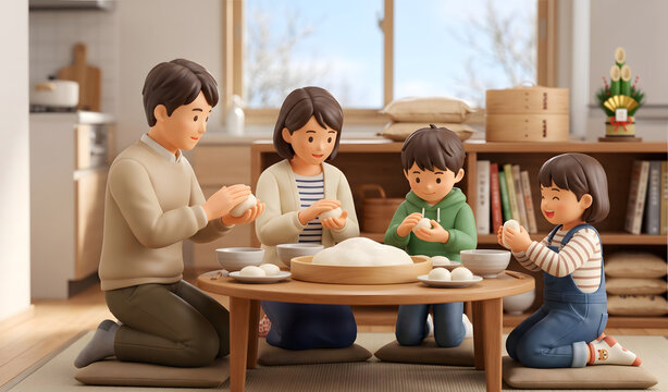 暖かい部屋で一緒につきたての餅を丸める家族の3Dイラスト
