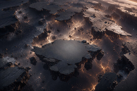 Cracked asteroid terrain with lightning and planet horizon
