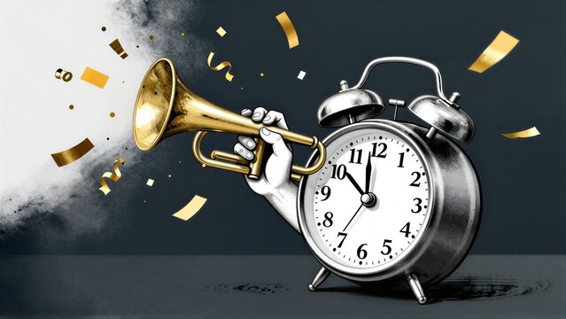 Hand blows trumpet beside alarm clock, golden confetti celebrates time's passage.