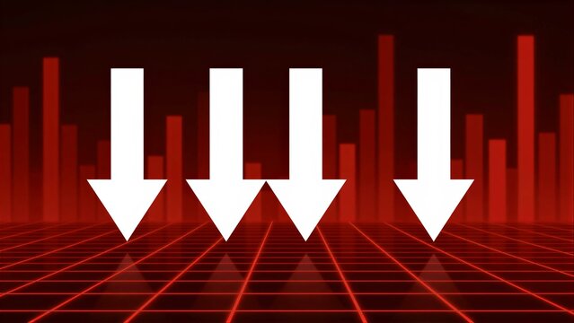 Three white arrows point downward on a red grid with bar graph background.