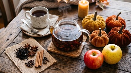 Fototapeta premium Cozy autumn tea setting with spices, pumpkins, and apples on wood