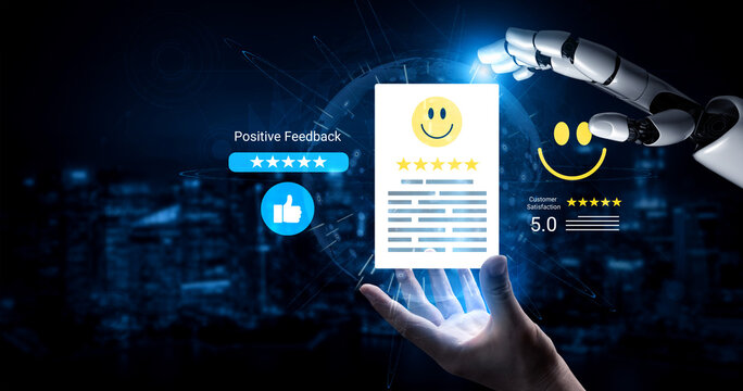 A futuristic robotic hand presents positive feedback and customer ratings in a digital landscape, symbolizing technology role in enhancing user experience and satisfaction. Cyphers