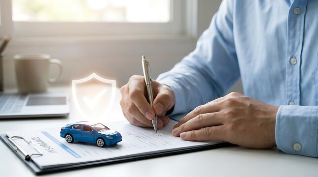 Man writing car insurance policy document next to a toy car and virtual shield icon with insurance document protection