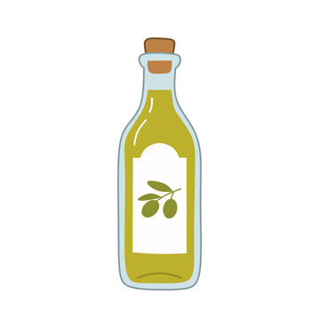 Hand drawn olive oil bottle with cork and olive branch flat vector illustration