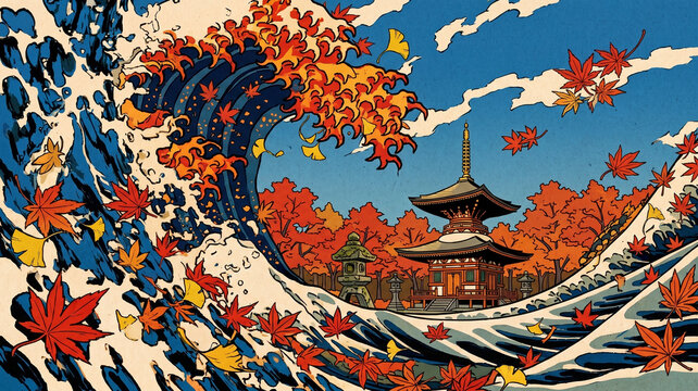 ダイナミックな和風の大波と舞い散る紅葉の中に三重塔を描いた秋の浮世絵風イラスト