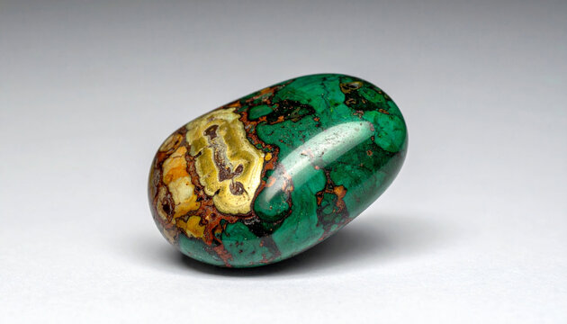 Polished green and brown matrix turquoise cabochon gemstone isolated on white background