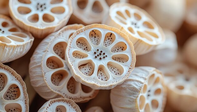 Sliced lotus root close-up, natural texture and pattern